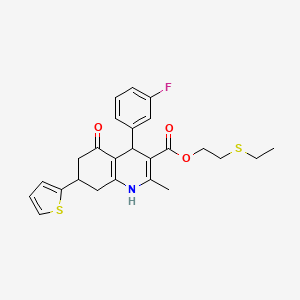 molecular formula C25H26FNO3S2 B11512964 2-(Ethylsulfanyl)ethyl 4-(3-fluorophenyl)-2-methyl-5-oxo-7-(thiophen-2-yl)-1,4,5,6,7,8-hexahydroquinoline-3-carboxylate 