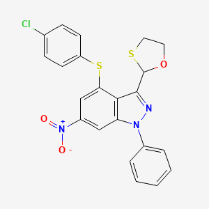 molecular formula C22H16ClN3O3S2 B11513449 4-[(4-chlorophenyl)sulfanyl]-6-nitro-3-(1,3-oxathiolan-2-yl)-1-phenyl-1H-indazole 