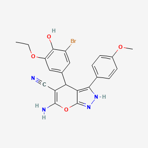 molecular formula C22H19BrN4O4 B11513589 6-Amino-4-(3-bromo-5-ethoxy-4-hydroxyphenyl)-3-(4-methoxyphenyl)-1,4-dihydropyrano[2,3-c]pyrazole-5-carbonitrile 