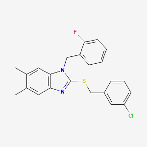 molecular formula C23H20ClFN2S B11513702 2-[(3-chlorobenzyl)sulfanyl]-1-(2-fluorobenzyl)-5,6-dimethyl-1H-benzimidazole 