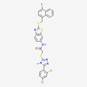 molecular formula C29H20Cl2FN5OS3 B11513973 2-{[5-(2,4-dichlorophenyl)-4-methyl-4H-1,2,4-triazol-3-yl]sulfanyl}-N-(2-{[(4-fluoronaphthalen-1-yl)methyl]sulfanyl}-1,3-benzothiazol-6-yl)acetamide 