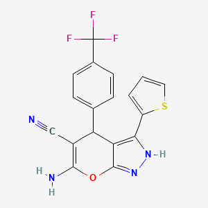 molecular formula C18H11F3N4OS B11514069 6-Amino-3-thiophen-2-yl-4-(4-trifluoromethyl-phenyl)-1,4-dihydro-pyrano[2,3-c]pyrazole-5-carbonitrile 