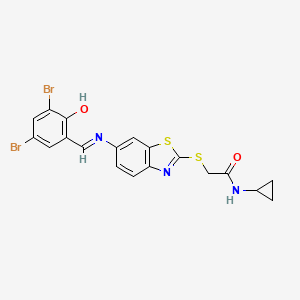 N-cyclopropyl-2-[(6-{[(E)-(3,5-dibromo-2-hydroxyphenyl)methylidene]amino}-1,3-benzothiazol-2-yl)sulfanyl]acetamide