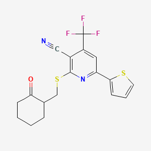 molecular formula C18H15F3N2OS2 B11514491 2-{[(2-Oxocyclohexyl)methyl]sulfanyl}-6-(thiophen-2-yl)-4-(trifluoromethyl)pyridine-3-carbonitrile 