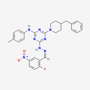 4-(4-benzylpiperidin-1-yl)-6-[(2Z)-2-(2-fluoro-5-nitrobenzylidene)hydrazinyl]-N-(4-methylphenyl)-1,3,5-triazin-2-amine