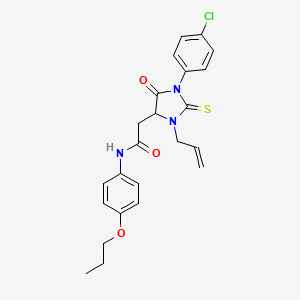 molecular formula C23H24ClN3O3S B11514660 2-[1-(4-chlorophenyl)-5-oxo-3-(prop-2-en-1-yl)-2-thioxoimidazolidin-4-yl]-N-(4-propoxyphenyl)acetamide 