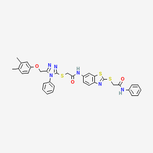 2-({5-[(3,4-dimethylphenoxy)methyl]-4-phenyl-4H-1,2,4-triazol-3-yl}sulfanyl)-N-(2-{[2-oxo-2-(phenylamino)ethyl]sulfanyl}-1,3-benzothiazol-6-yl)acetamide