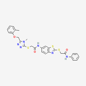 2-({4-methyl-5-[(2-methylphenoxy)methyl]-4H-1,2,4-triazol-3-yl}sulfanyl)-N-(2-{[2-oxo-2-(phenylamino)ethyl]sulfanyl}-1,3-benzothiazol-6-yl)acetamide