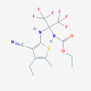 molecular formula C14H15F6N3O2S B11515073 [1-(3-Cyano-4-ethyl-5-methylthiophen-2-ylamino)-2,2,2-trifluoro-1-trifluoromethylethyl]carbamic acid, ethyl ester 