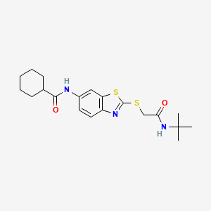 molecular formula C20H27N3O2S2 B11515116 N-(2-{[2-(tert-butylamino)-2-oxoethyl]sulfanyl}-1,3-benzothiazol-6-yl)cyclohexanecarboxamide 