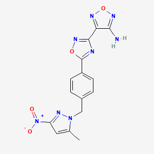 molecular formula C15H12N8O4 B11515184 4-(5-{4-[(5-methyl-3-nitro-1H-pyrazol-1-yl)methyl]phenyl}-1,2,4-oxadiazol-3-yl)-1,2,5-oxadiazol-3-amine 