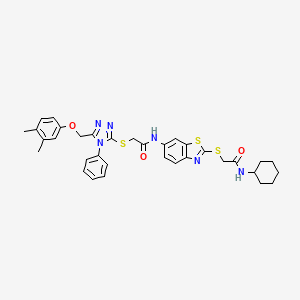 molecular formula C34H36N6O3S3 B11515186 N-(2-{[2-(cyclohexylamino)-2-oxoethyl]sulfanyl}-1,3-benzothiazol-6-yl)-2-({5-[(3,4-dimethylphenoxy)methyl]-4-phenyl-4H-1,2,4-triazol-3-yl}sulfanyl)acetamide 