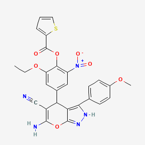 molecular formula C27H21N5O7S B11515201 4-[6-Amino-5-cyano-3-(4-methoxyphenyl)-1,4-dihydropyrano[2,3-c]pyrazol-4-yl]-2-ethoxy-6-nitrophenyl thiophene-2-carboxylate 