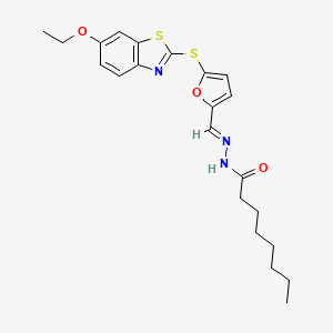 molecular formula C22H27N3O3S2 B11515387 N'-[(E)-{5-[(6-ethoxy-1,3-benzothiazol-2-yl)sulfanyl]furan-2-yl}methylidene]octanehydrazide 