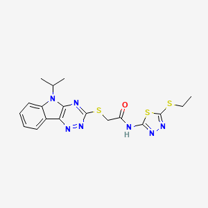 molecular formula C18H19N7OS3 B11515399 N-[5-(ethylsulfanyl)-1,3,4-thiadiazol-2-yl]-2-{[5-(propan-2-yl)-5H-[1,2,4]triazino[5,6-b]indol-3-yl]sulfanyl}acetamide 