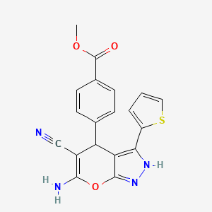 molecular formula C19H14N4O3S B11515514 4-(6-Amino-5-cyano-3-thiophen-2-yl-1,4-dihydro-pyrano[2,3-c]pyrazol-4-yl)-benzoic acid methyl ester 