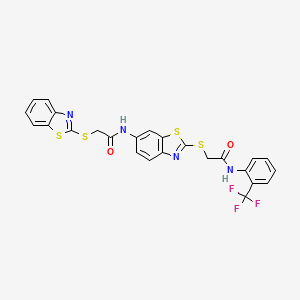 molecular formula C25H17F3N4O2S4 B11515538 2-(1,3-benzothiazol-2-ylsulfanyl)-N-{2-[(2-oxo-2-{[2-(trifluoromethyl)phenyl]amino}ethyl)sulfanyl]-1,3-benzothiazol-6-yl}acetamide 