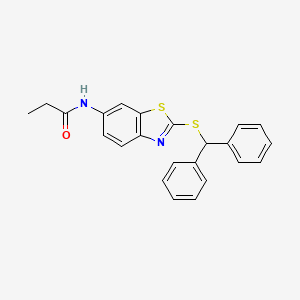 molecular formula C23H20N2OS2 B11515619 N-{2-[(diphenylmethyl)sulfanyl]-1,3-benzothiazol-6-yl}propanamide 