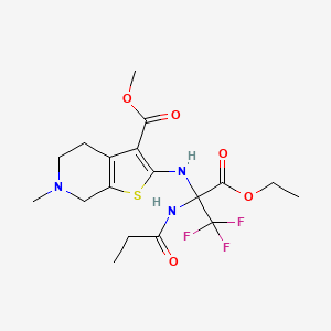 molecular formula C18H24F3N3O5S B11515714 Methyl 2-{[3-ethoxy-1,1,1-trifluoro-3-oxo-2-(propanoylamino)propan-2-yl]amino}-6-methyl-4,5,6,7-tetrahydrothieno[2,3-c]pyridine-3-carboxylate 