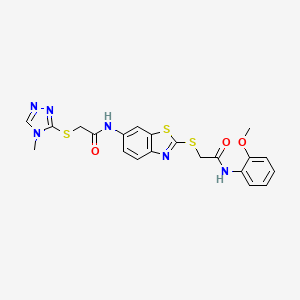 molecular formula C21H20N6O3S3 B11515807 N-[2-({2-[(2-methoxyphenyl)amino]-2-oxoethyl}sulfanyl)-1,3-benzothiazol-6-yl]-2-[(4-methyl-4H-1,2,4-triazol-3-yl)sulfanyl]acetamide 