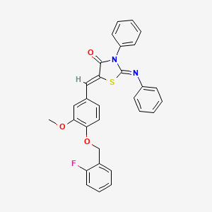 molecular formula C30H23FN2O3S B11515910 (2Z,5Z)-5-{4-[(2-fluorobenzyl)oxy]-3-methoxybenzylidene}-3-phenyl-2-(phenylimino)-1,3-thiazolidin-4-one 