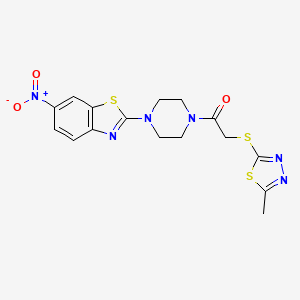 molecular formula C16H16N6O3S3 B11516221 2-[(5-Methyl-1,3,4-thiadiazol-2-yl)sulfanyl]-1-[4-(6-nitro-1,3-benzothiazol-2-yl)piperazin-1-yl]ethanone 