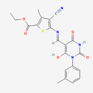 molecular formula C21H18N4O5S B11516304 4-Cyano-3-methyl-5-[(2,4,6-trioxo-1-m-tolyl-tetrahydro-pyrimidin-5-ylidenemethyl)-amino]-thiophene-2-carboxylic acid ethyl ester 