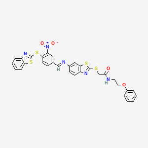 2-{[6-({(E)-[4-(1,3-benzothiazol-2-ylsulfanyl)-3-nitrophenyl]methylidene}amino)-1,3-benzothiazol-2-yl]sulfanyl}-N-(2-phenoxyethyl)acetamide