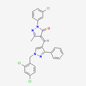 molecular formula C27H19Cl3N4O B11516382 (4E)-2-(3-chlorophenyl)-4-{[1-(2,4-dichlorobenzyl)-3-phenyl-1H-pyrazol-4-yl]methylidene}-5-methyl-2,4-dihydro-3H-pyrazol-3-one 