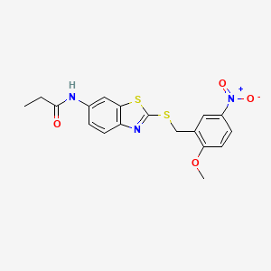 molecular formula C18H17N3O4S2 B11516396 N-{2-[(2-methoxy-5-nitrobenzyl)sulfanyl]-1,3-benzothiazol-6-yl}propanamide 