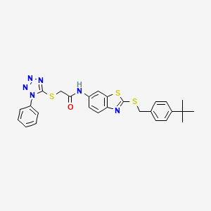 molecular formula C27H26N6OS3 B11516459 N-{2-[(4-tert-butylbenzyl)sulfanyl]-1,3-benzothiazol-6-yl}-2-[(1-phenyl-1H-tetrazol-5-yl)sulfanyl]acetamide 