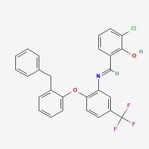 molecular formula C27H19ClF3NO2 B11516514 2-[(E)-{[2-(2-benzylphenoxy)-5-(trifluoromethyl)phenyl]imino}methyl]-6-chlorophenol 