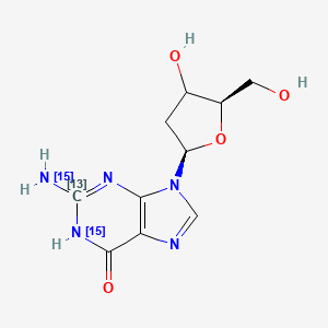 molecular formula C₉¹³CH₁₃N₃¹⁵N₂O₄ B1151656 2-(15N)azanyl-9-[(2R,5R)-4-hydroxy-5-(hydroxymethyl)oxolan-2-yl]-1H-purin-6-one 