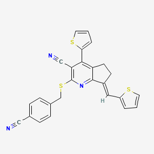 (7E)-2-[(4-cyanobenzyl)sulfanyl]-4-(thiophen-2-yl)-7-(thiophen-2-ylmethylidene)-6,7-dihydro-5H-cyclopenta[b]pyridine-3-carbonitrile