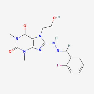 molecular formula C16H17FN6O3 B11517206 8-[(2E)-2-(2-fluorobenzylidene)hydrazinyl]-7-(2-hydroxyethyl)-1,3-dimethyl-3,7-dihydro-1H-purine-2,6-dione 