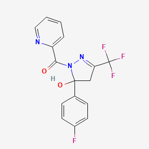 molecular formula C16H11F4N3O2 B11517286 [5-(4-fluorophenyl)-5-hydroxy-3-(trifluoromethyl)-4,5-dihydro-1H-pyrazol-1-yl](2-pyridyl)methanone 