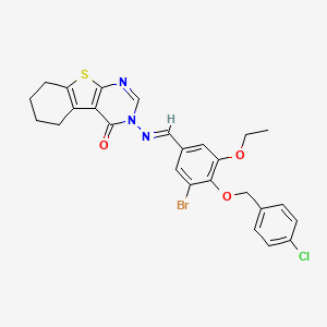 molecular formula C26H23BrClN3O3S B11517415 3-{[(E)-{3-bromo-4-[(4-chlorobenzyl)oxy]-5-ethoxyphenyl}methylidene]amino}-5,6,7,8-tetrahydro[1]benzothieno[2,3-d]pyrimidin-4(3H)-one 