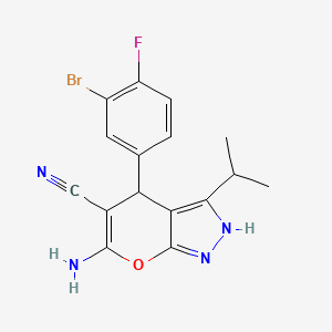 molecular formula C16H14BrFN4O B11517518 6-Amino-4-(3-bromo-4-fluorophenyl)-3-(propan-2-yl)-1,4-dihydropyrano[2,3-c]pyrazole-5-carbonitrile 