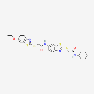 molecular formula C26H28N4O3S4 B11517577 N-(2-{[2-(cyclohexylamino)-2-oxoethyl]sulfanyl}-1,3-benzothiazol-6-yl)-2-[(6-ethoxy-1,3-benzothiazol-2-yl)sulfanyl]acetamide 