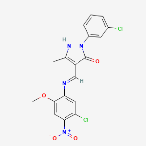 molecular formula C18H14Cl2N4O4 B11517748 (4Z)-4-{[(5-chloro-2-methoxy-4-nitrophenyl)amino]methylidene}-2-(3-chlorophenyl)-5-methyl-2,4-dihydro-3H-pyrazol-3-one 