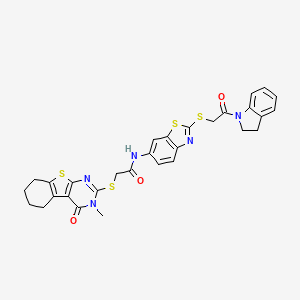 molecular formula C30H27N5O3S4 B11517874 N-(2-{[2-(2,3-dihydro-1H-indol-1-yl)-2-oxoethyl]sulfanyl}-1,3-benzothiazol-6-yl)-2-[(3-methyl-4-oxo-3,4,5,6,7,8-hexahydro[1]benzothieno[2,3-d]pyrimidin-2-yl)sulfanyl]acetamide 