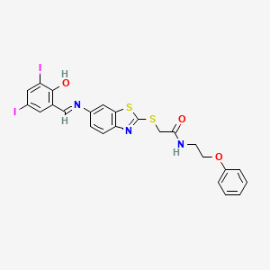 2-[(6-{[(E)-(2-hydroxy-3,5-diiodophenyl)methylidene]amino}-1,3-benzothiazol-2-yl)sulfanyl]-N-(2-phenoxyethyl)acetamide