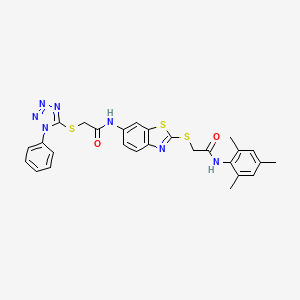 molecular formula C27H25N7O2S3 B11518103 2-{6-[2-(1-Phenyl-1H-tetrazol-5-ylsulfanyl)-acetylamino]-benzothiazol-2-ylsulfanyl}-N-(2,4,6-trimethyl-phenyl)-acetamide 