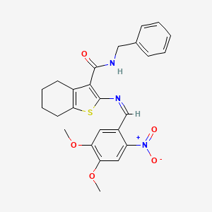 molecular formula C25H25N3O5S B11518132 N-benzyl-2-{[(Z)-(4,5-dimethoxy-2-nitrophenyl)methylidene]amino}-4,5,6,7-tetrahydro-1-benzothiophene-3-carboxamide 