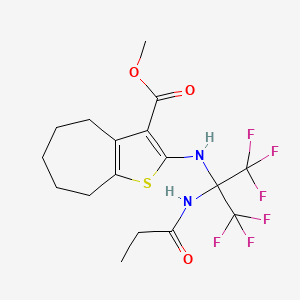 molecular formula C17H20F6N2O3S B11518153 methyl 2-{[1,1,1,3,3,3-hexafluoro-2-(propanoylamino)propan-2-yl]amino}-5,6,7,8-tetrahydro-4H-cyclohepta[b]thiophene-3-carboxylate 