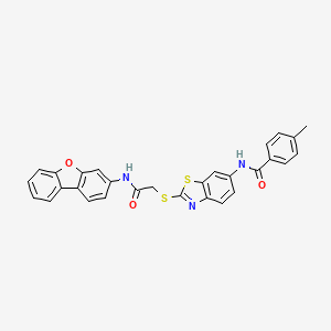 molecular formula C29H21N3O3S2 B11518188 N-(2-{[2-(dibenzo[b,d]furan-3-ylamino)-2-oxoethyl]sulfanyl}-1,3-benzothiazol-6-yl)-4-methylbenzamide 