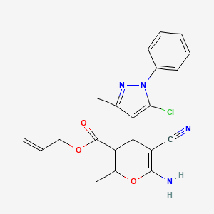 molecular formula C21H19ClN4O3 B11518306 6-Amino-4-(5-chloro-3-methyl-1-phenyl-1H-pyrazol-4-yl)-5-cyano-2-methyl-4H-pyran-3-carboxylic acid allyl ester 