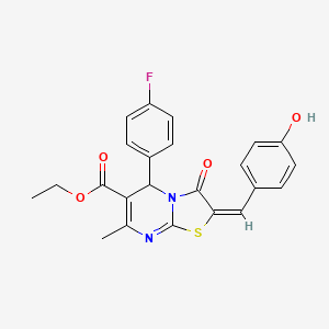 molecular formula C23H19FN2O4S B11518430 ethyl (2E)-5-(4-fluorophenyl)-2-(4-hydroxybenzylidene)-7-methyl-3-oxo-2,3-dihydro-5H-[1,3]thiazolo[3,2-a]pyrimidine-6-carboxylate 