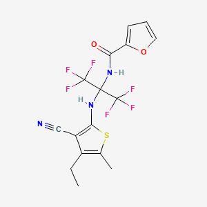 molecular formula C16H13F6N3O2S B11518500 N-{2-[(3-cyano-4-ethyl-5-methylthiophen-2-yl)amino]-1,1,1,3,3,3-hexafluoropropan-2-yl}furan-2-carboxamide 