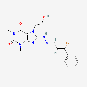 molecular formula C18H19BrN6O3 B11518536 8-{(2E)-2-[(2Z)-3-bromo-3-phenylprop-2-en-1-ylidene]hydrazinyl}-7-(2-hydroxyethyl)-1,3-dimethyl-3,7-dihydro-1H-purine-2,6-dione 